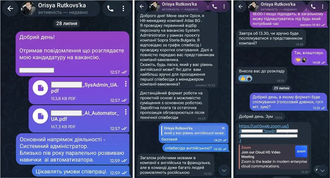 Communication with an 'HR manager' (Source - Cert-UA)