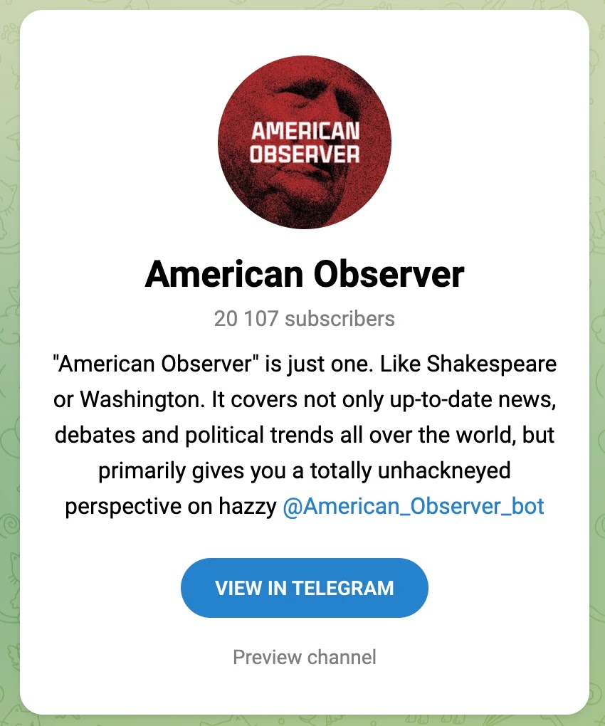 Profile of the Telegram account 'American Observer' (Source - OpenAI)