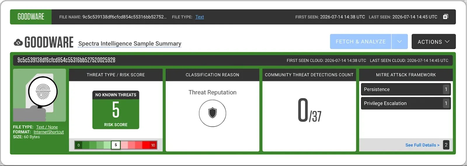 Spectra Intelligence summary for one delivery shortcut (Source – ReversingLabs)